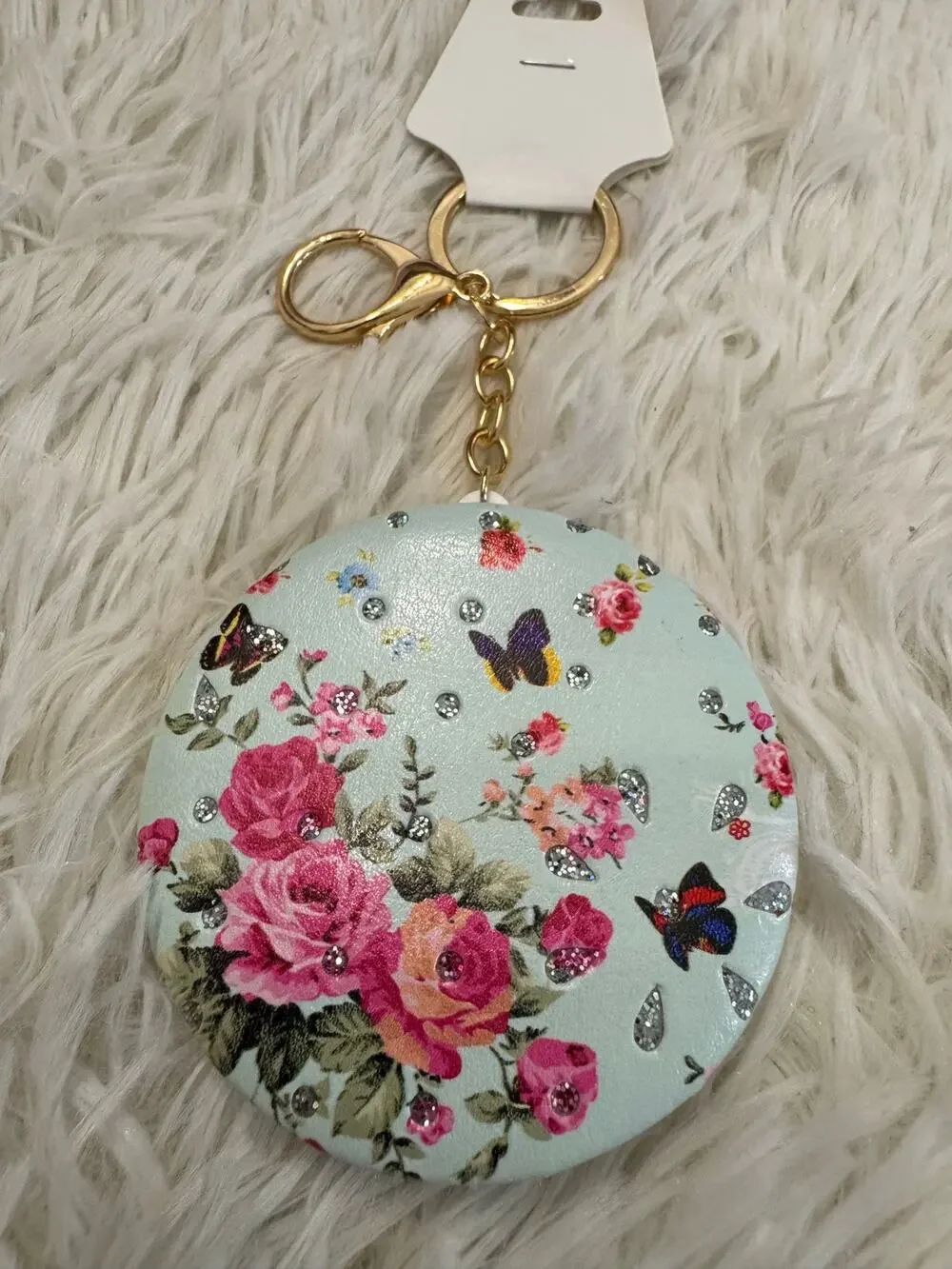 Doble side mirror keychain cushion design flower butterfly with sparkles green
